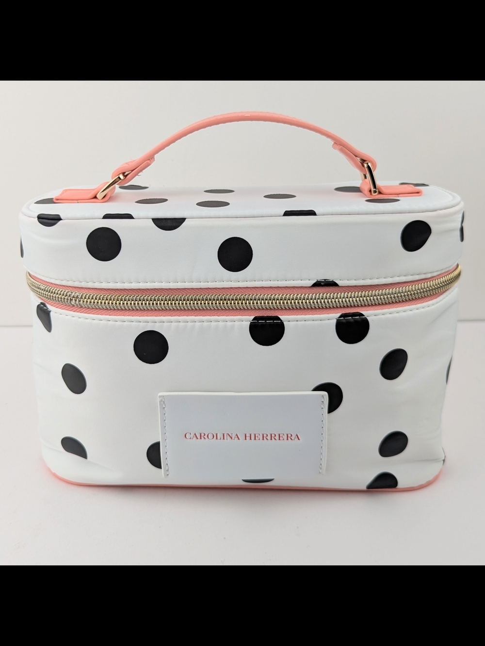 Carolina Herrera White Polka Dot Cosmetic Case with Peachy Pink Trim